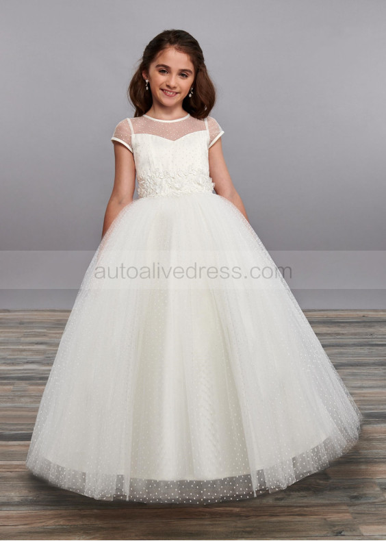 Ivory Dotted Tulle Lace Keyhole Back Sweet Flower Girl Dress Ivory Dotted Tulle Lace Keyhole Back Sweet Flower Girl Dress